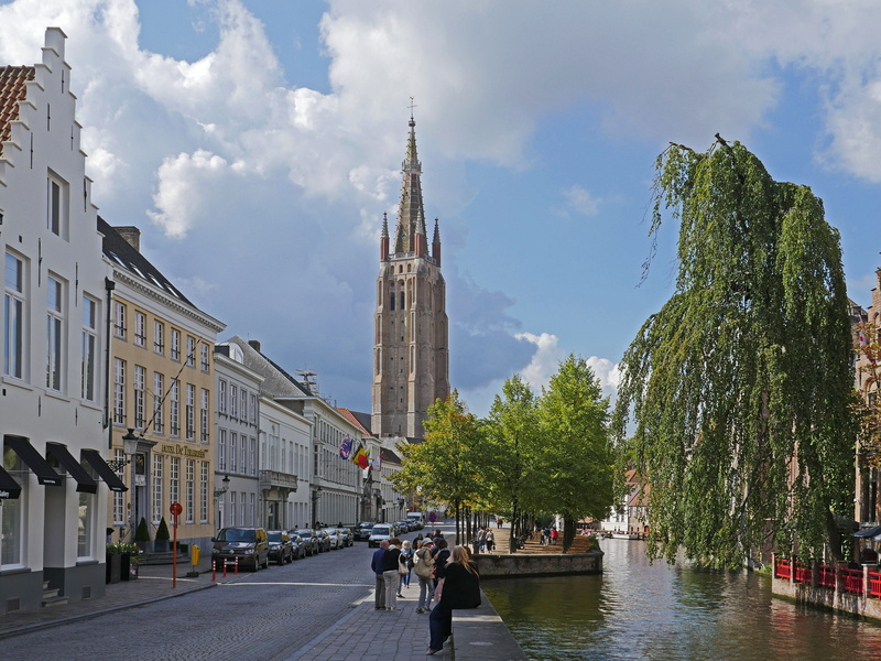 nature, street, religion, waterways, 5K, incidental people, bruges, the highest church tower in belgium, group of people, building exterior, world heritage