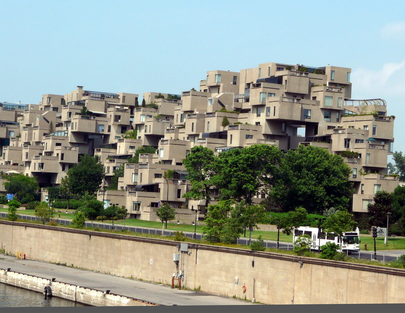 modular building, architecture, nature, sky, plant, road, white, building exterior, incidental people, street, residential district, Habitat 67, transportation