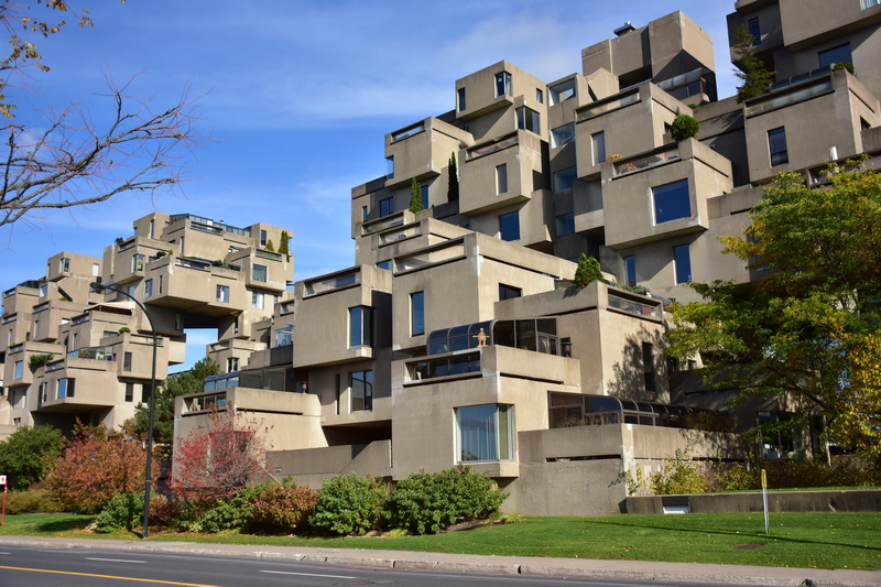 residential district, green color, apartment, housing, building, no people, grass, sunlight, montreal, canada, city, architecture, sky, tree, 1967, built structure