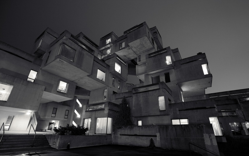 Lights, house, stairs, night, window, Expo 67, Clear Sky, architecture, monochrome, building, cube, Habitat 67, Modern, Montreal, 1080P, Canada, Moshe