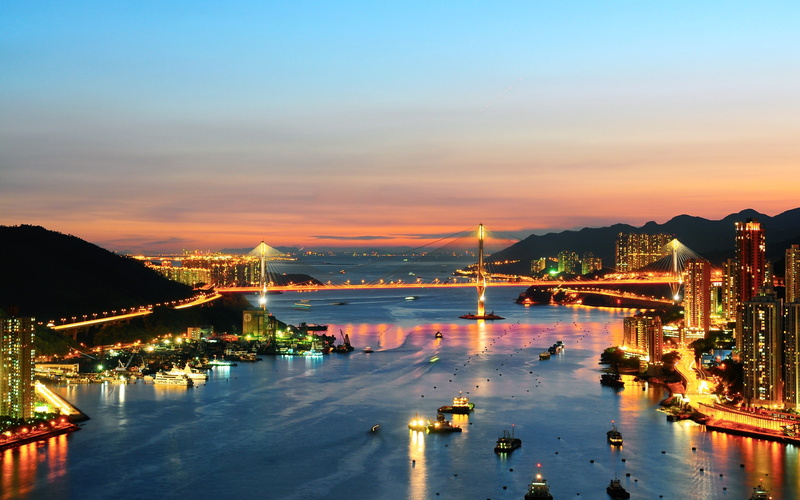 boats, splendid, bridge, river, sunset, city, view, 2K, lights