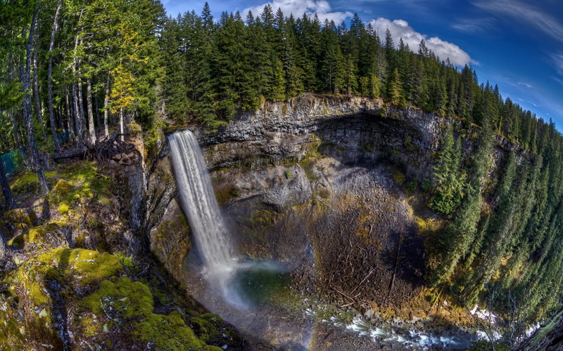 surrounded, lake, waterfalls, pine, green, cliff, tree, 1080P, nature, waterfall, trees, 1920x1200, splendid