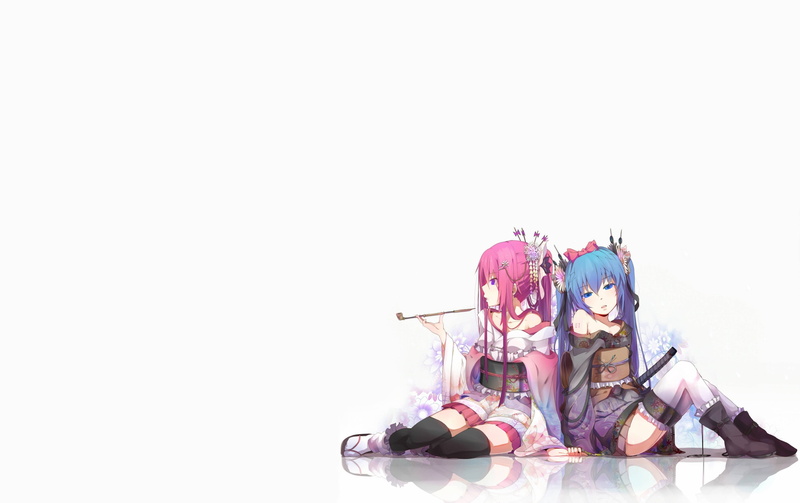 miku, hd, 2K, pipe, long, ribbons, megurine, sitting, art, hair, stockings, hatsune, hot, vocaloid, luka, kimono, katana, anime, twintails