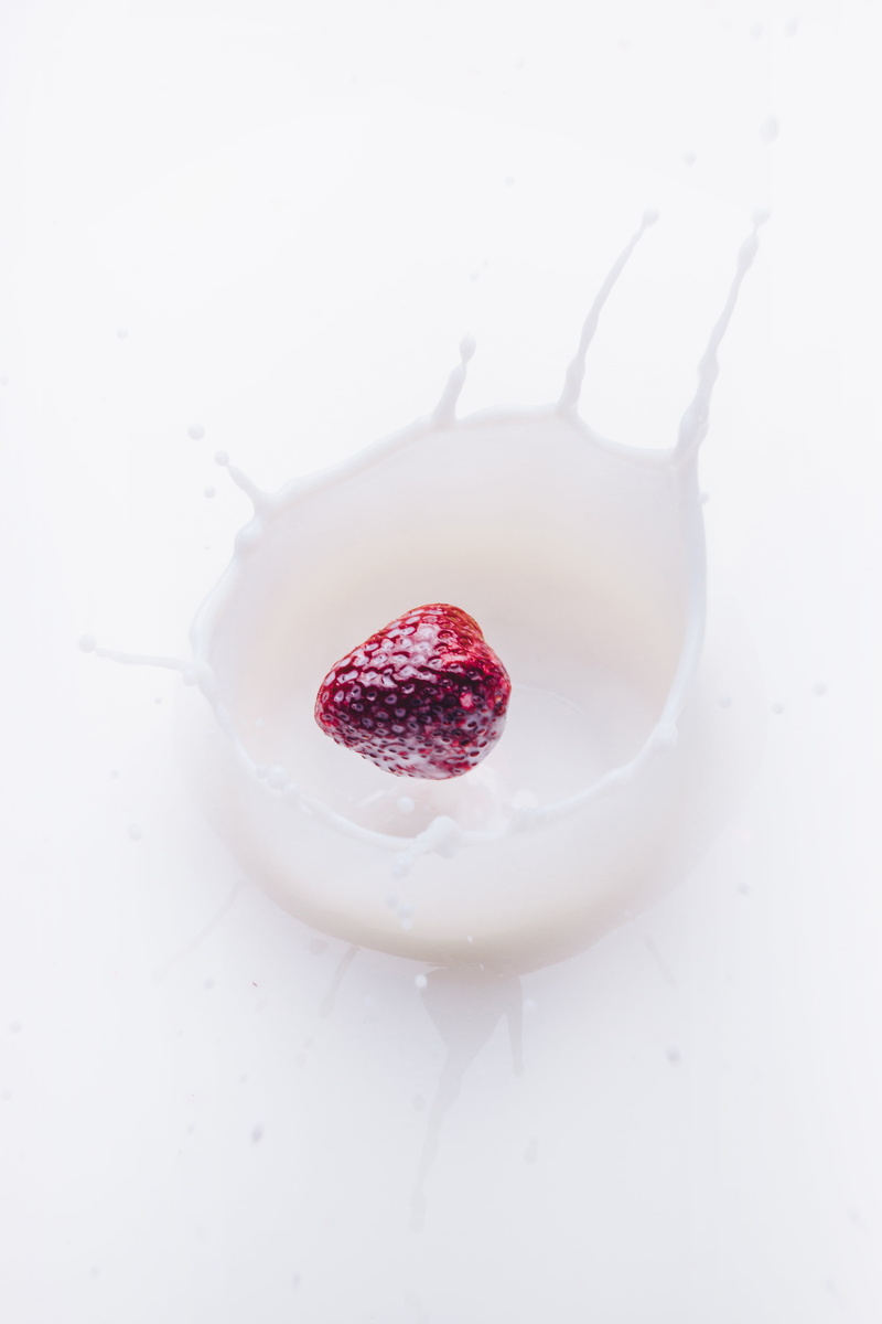 milk, 4K, high angle view, berry Fruit, strawberry, temptation, drink, no people, indoors, yogurt, studio shot, still life, dairy product, indulgence