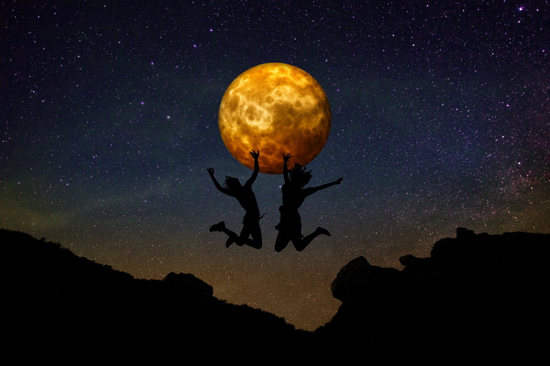 joy, star, jump, beauty in nature, nature, silhouettes, low angle view, happy, girl, sky, yellow, women, two, tranquility, sunrise, planetary moon, 5K