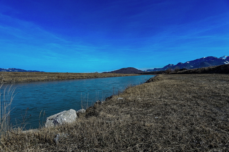 nature, waters, mountain range, plant, rhine, blue, landscape, river, vorarlberg, tranquility, water, tranquil scene, idyllic, outdoors, fluent, non-urban scene