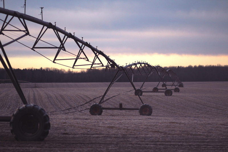 farming, conveyor, farm, farmland, plantation, sprinkler, outdoors, irrigation, system, countryside, open, focus on foreground, sky, machinery, field, irrigating