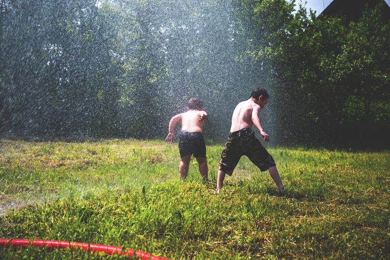 nature, real people, boys, lifestyles, growth, sprinkler, togetherness, rear view, land, grass, two, leisure activity, hose, outdoors, shorts, day, couple - relationship