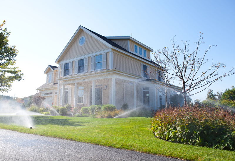 outside, 5K, grass, lawn, sprinkler, no people, day, building, built structure, growth, front or back yard, clear sky, scarborough, architecture, modern