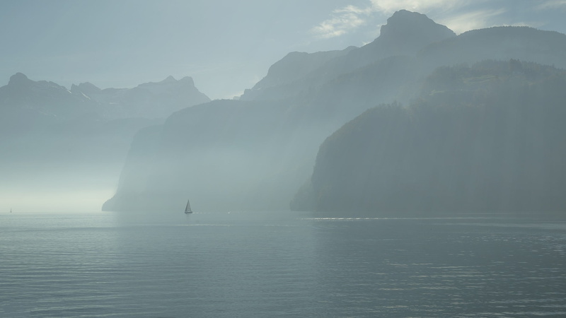 sea, mountain, non-urban scene, idyllic, waterfront, hazy, board, tranquil scene, fog, mountain range, lake, mist, 1080P, black, mountains, outdoors, wooden
