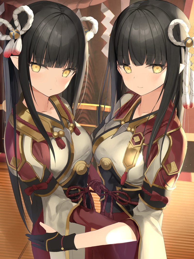 digital art, 2D, anime girls, video games, pointed ears, 4K, blushing, drawing, yellow eyes, looking at viewer, fantasy girl, hugging, Hinoa, Minoto, Nintendo