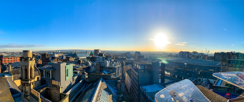 architecture, sunlight, built structure, landscape, panorama, financial district, high angle view, scotland, city, building, nature, modern, building exterior