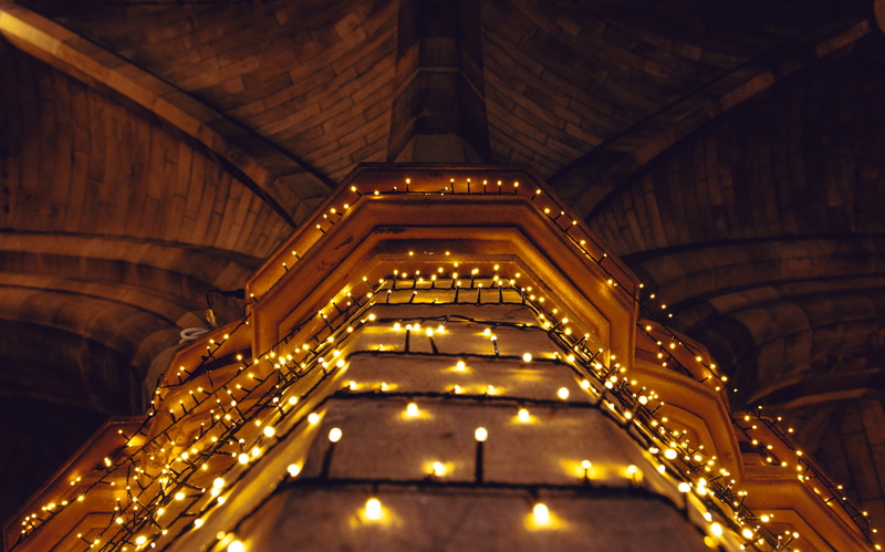 illuminated, bricks, glasgow university, belief, laid in stone, lights, archway, church, building, uk, no people, outdoors, 5K, ceiling, religion, building exterior