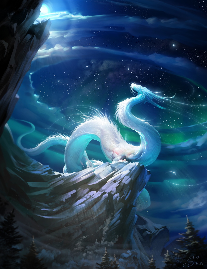 forest, 2K, nature, mountains, digital painting, aurorae, dragon, Vera Velichko, night