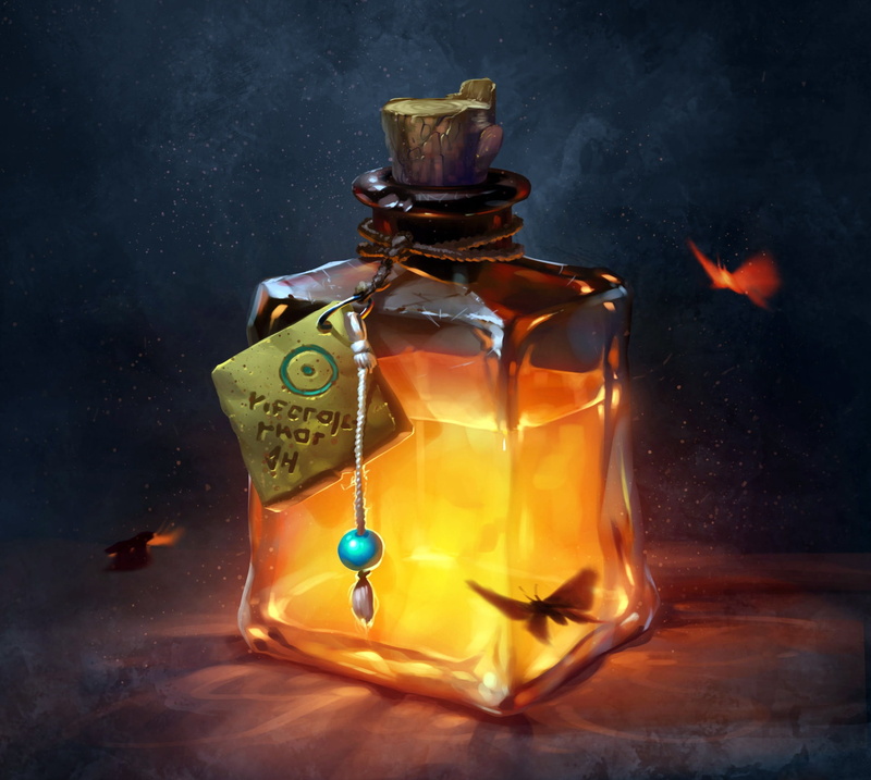fantasy art, digital art, fire, Potion, bottle, butterflies, 1080P, fantasy, artwork, liquid