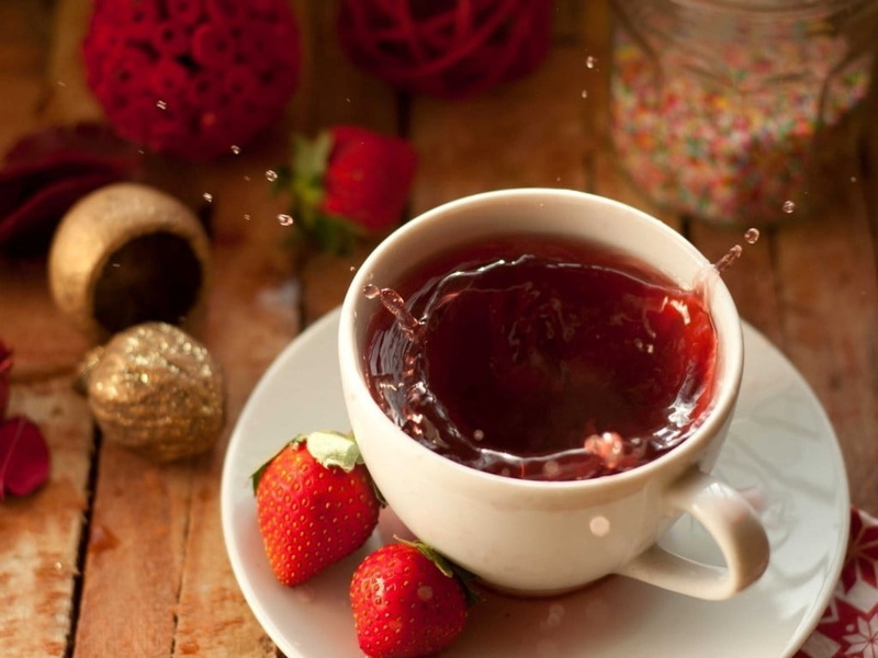 indoors, berry fruit, crockery, food and drink, tea, red, coffee cup, strawberry, strawberries, food, close-up, table, fruit, cup, sweet food, sweet, white