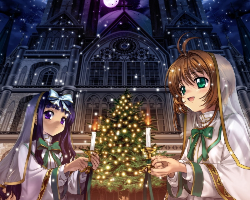 720P, christmas Tree, two, cute, cultures, women, christmas, celebration, winter, evening, tree, card captor sakura, people, happiness, animated, holidays And Celebrations
