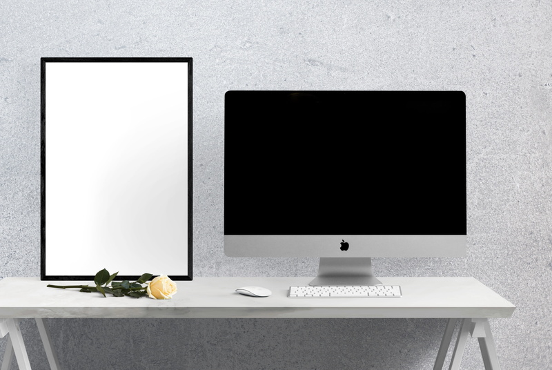 poster, modern, computer monitor, no people, wall - building feature, seat, blank, flower, arrangement, still life, furniture, computer equipment, imac