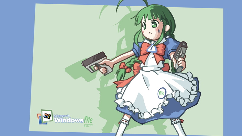 maid outfit, pistol, os-tan, operating system, anime girls, 4K, Windows Me