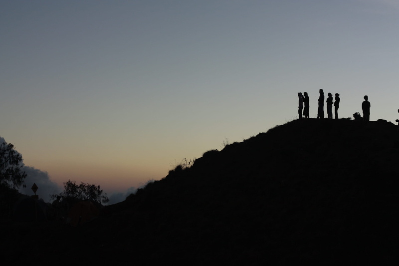 scenics - nature, togetherness, clear sky, team, group, mountain, reflect, vulcano, nature, tranquility, men, standing, indonesia, high, beauty in nature