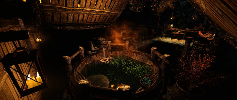indoors, household equipment, 2K, illuminated, dark, The Elder Scrolls V: Skyrim, container, high angle view, wood - material, factory, business, food and drink