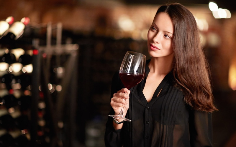 bar - drink establishment, alcohol, young women, brown hair, brunette, winetasting, holding, women, bokeh, adult, smiling, red wine, wine, beautiful woman