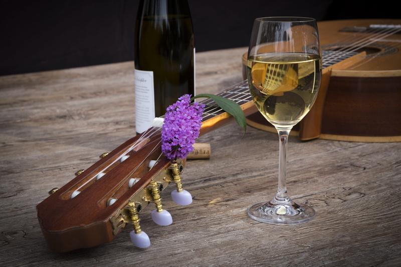 freshness, relax, guitar, still life, purple, lilac spear, summer lilac, white wine, glass, flower, drinking glass, lilac, wood - material, indoors, refreshment