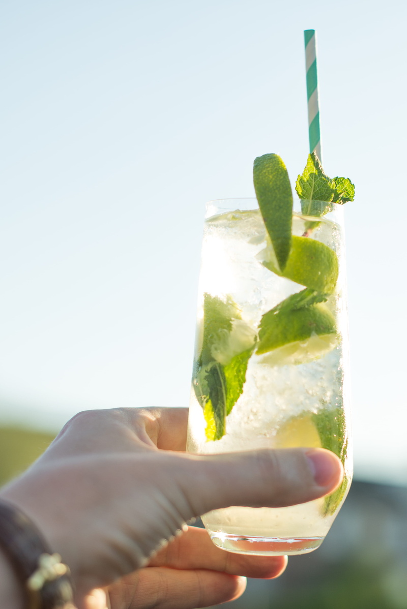 human body part, mint leaf - culinary, herb, filled, hand, h2o, outdoors, human hand, fruit, lime, alcohol, lemonade, ice, straw, food, food and drink