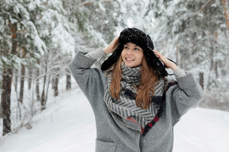 park, hairstyle, smiling, snowing, tree, beside, wear, 5K, portrait, snow, covered, young women, smile, one person, trees, lifestyles, woman, leisure