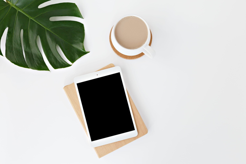 homeoffice, digital, top view, screen, wood, notebook, flatlay, minimalist, white background, white color, copy space, top, group of objects, food and drink