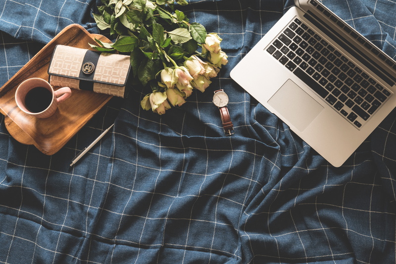 blanket, coffee, high angle view, tray, refreshment, flower, table, plant, no people, business, wallet, computer, using laptop, wireless technology, keyboard
