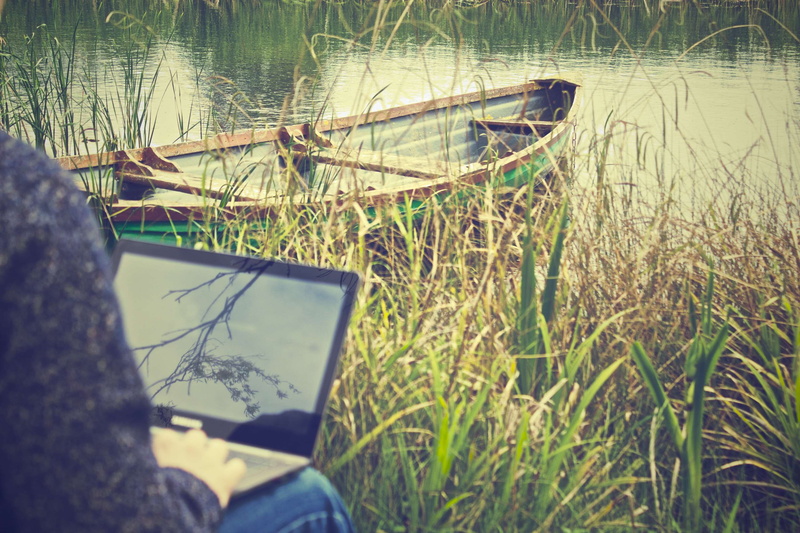 laptop, reflection, water, outside, moored, nautical vessel, land, 2K, outdoors, working, screen, remote, mode of transportation, mockup, day, grass, growth