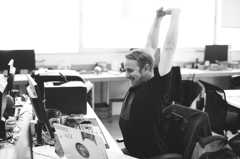 arms, waist up, focus on foreground, 5K, laptop, photo, deserved, break, worker, stretch, office, table, printer, technology, front, man, arms raised
