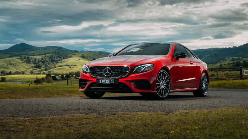 road trip, stationary, field, 4K, luxury, cloud - sky, day, transportation, beauty in nature, grass, mercedes benz e class 4k hd image, red, mountain