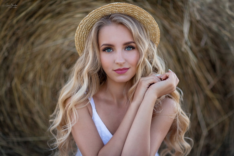 blonde, painted nails, Anna Shuvalova, white dress, face, women with hats, long hair, women outdoors, model, dress, straw hat, looking at viewer, smiling