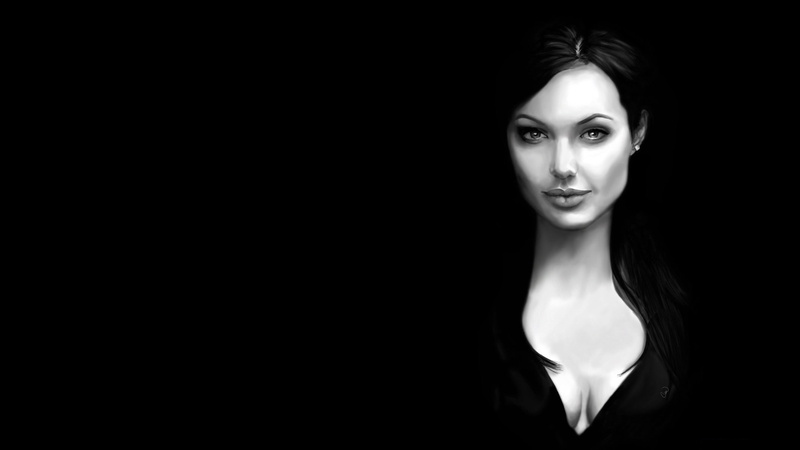 black background, Angelina Jolie, beautiful woman, dark, copy space, females, contemplation, drawing, sketches, young women, young adult, headshot, women