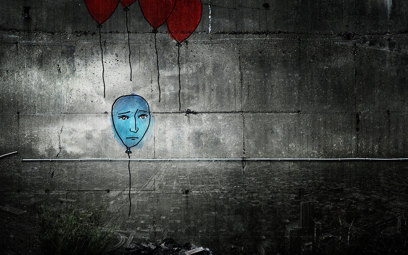 close-up, 720P, wall - building feature, built structure, no people, artwork, illustration, wall, blue, metal, creativity, pattern, balloon, Alex Cherry
