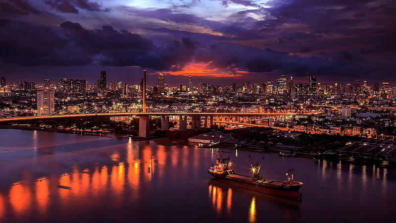 bangkok, dusk, bridge, city lights, 1080P, thailand, night, cloudy night, chao phraya river, reflection, cityscape, evening, cloudy, river, skyline, rama viii bridge