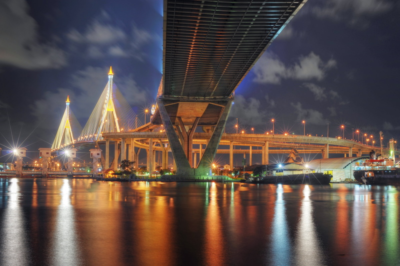 Industrial Ring Road Bridge, asia, bridge - Man Made Structure, bridge, architectural, night, mega bridge, transportation, Bhumibol Bridge, shot, 4K, colorful
