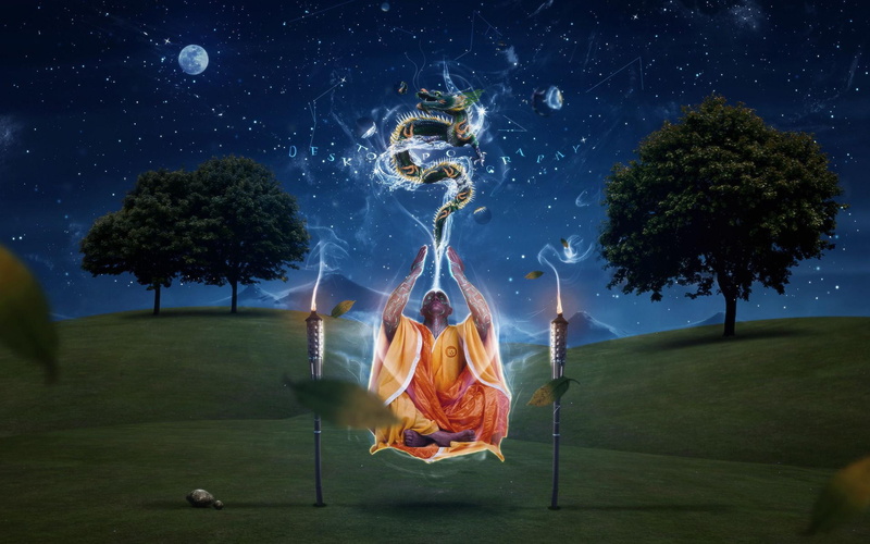 2K, meditation, monk, trees, moon, illustration, floating, art