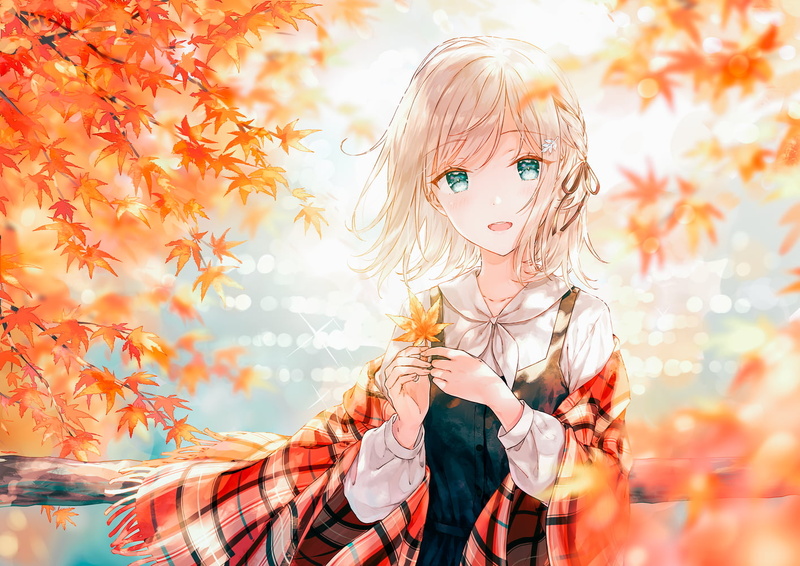 720P, anime girls, blonde, leaves, original characters, Hiten, fall, anime, short hair