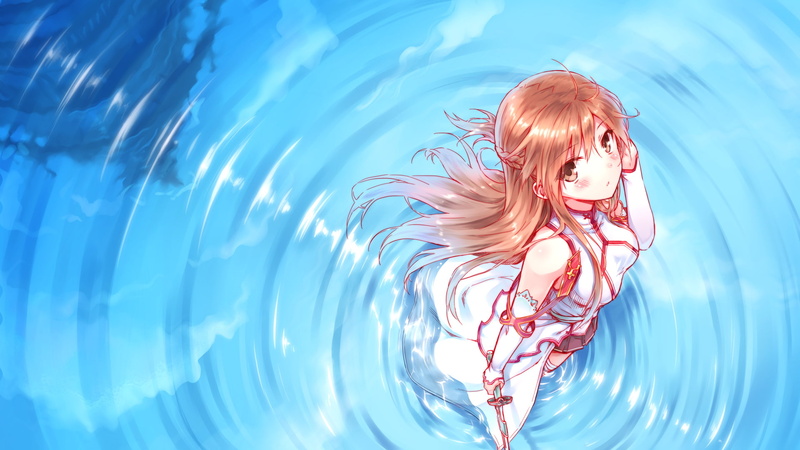 blush, 1080P, skirt, sword, weapon, stockings, hair, eyes, asuna, goane, brown, online, ryu, long, art, water, yuuki, hiten