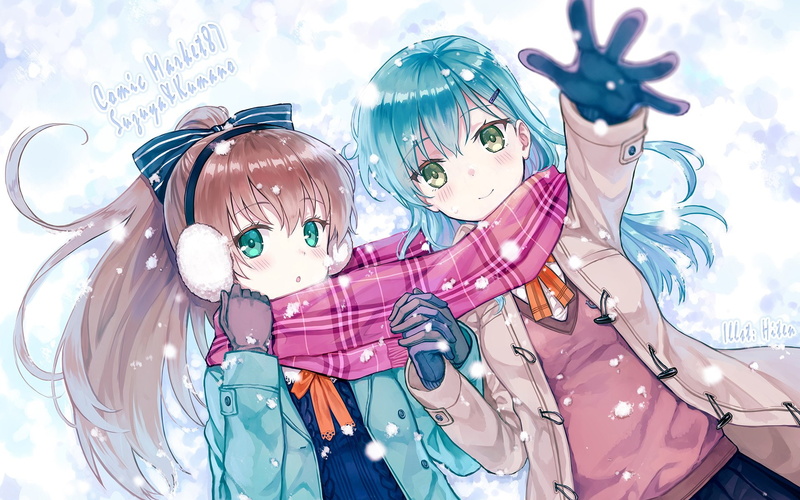 suzuya, winter, hiten, (kancolle), kumano, goane, scarf, ryu, 1080P, snow, earmuffs, hair, long, girls, aqua, eyes, gloves, brown, blue