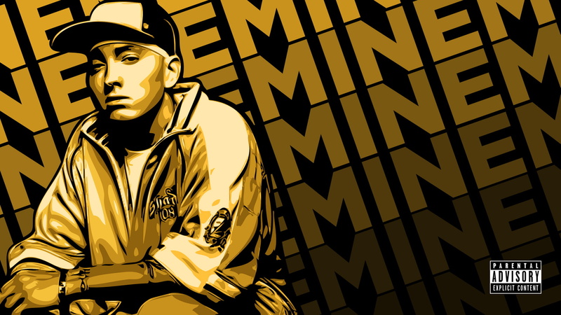 shady, creativity, human representation, close-up, art and craft, indoors, hip, eminem, focus on foreground, gold colored, day, male likeness, text, low angle view
