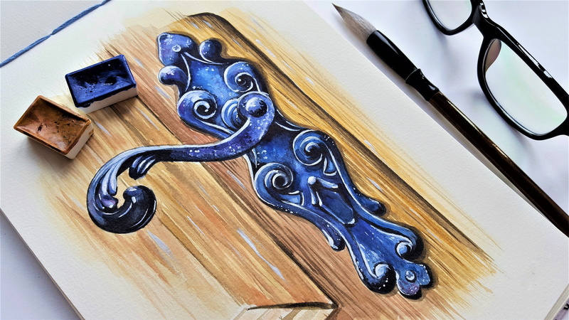 ornate, antique, door, indoors, technology, colors, your watercolor, art, paper, top, no people, carving - craft product, door handle, painting, wood, still life