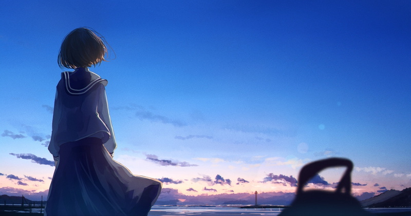outdoors, childhood, sunset, beach, child, women, anime school girl, adult, sky, females, nature, Anime, sea, blue, land, back view, one person, 1080P