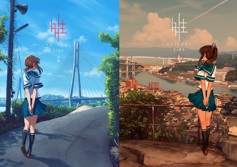 young women, landscape, leisure activity, back view, Anime, women, standing, childhood, child, school uniform, adult, outdoors, building exterior, nature