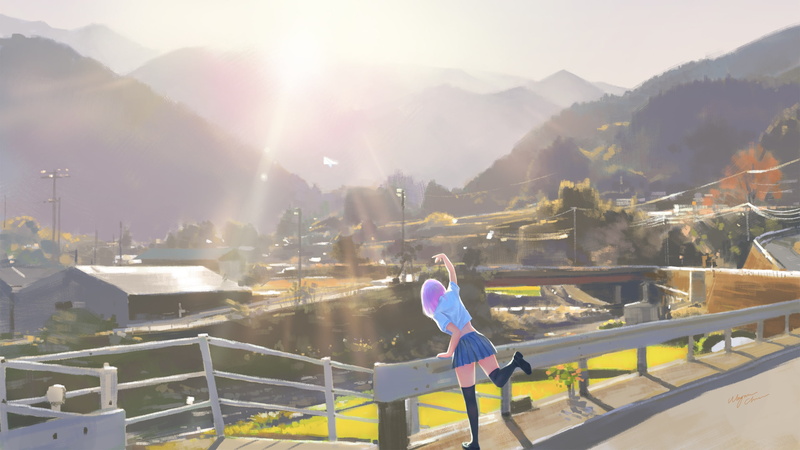 back view, one person, sky, day, mountain, lifestyles, building exterior, cityscape, women, scenic, railing, school uniform, 2K, mountain range, painting