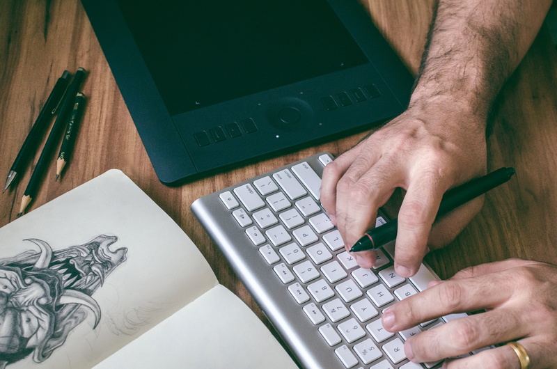 working, logo, designer, using laptop, notebook, sketchbook, computer equipment, sketching, wireless technology, high angle view, sketch, 4K, typing, draw