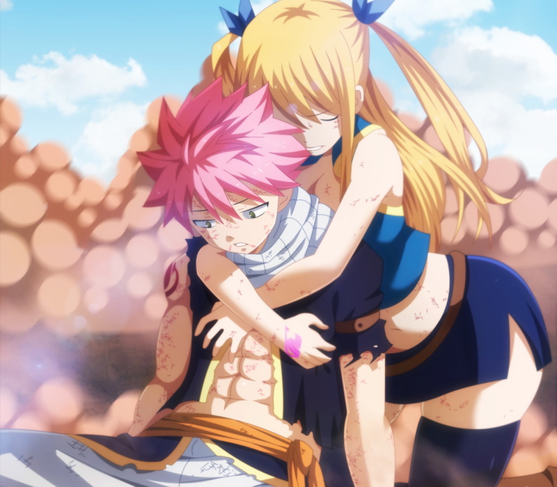 Pink Hair, Lucy Heartfilia, 1080P, Boy, Belt, Scarf, Anime, Skirt, Blonde, Long Hair, Natsu Dragneel, Girl, Short Hair, Hug, Fairy Tail